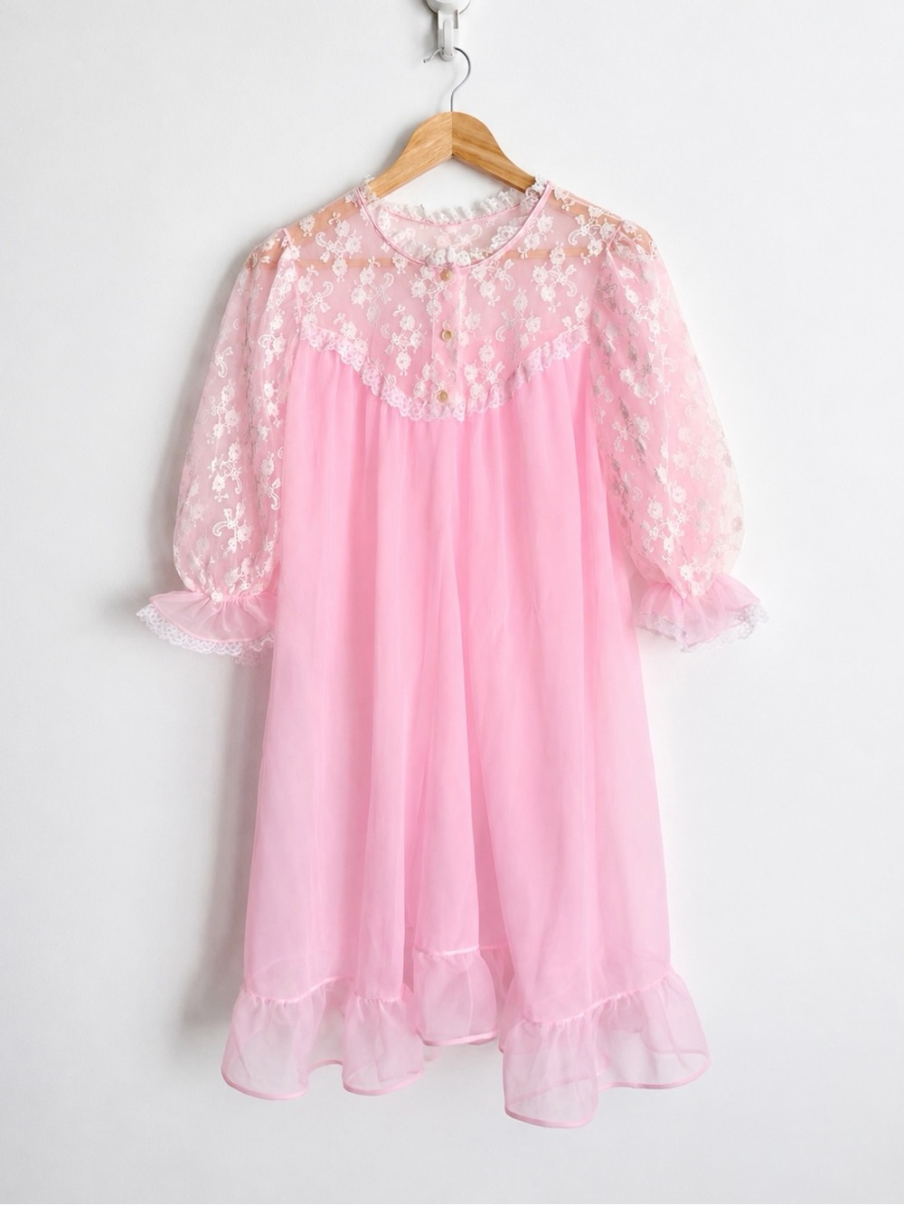 Vintage 1960s Pink Lace Babydoll Slip Nightgown Coquette Dainty M